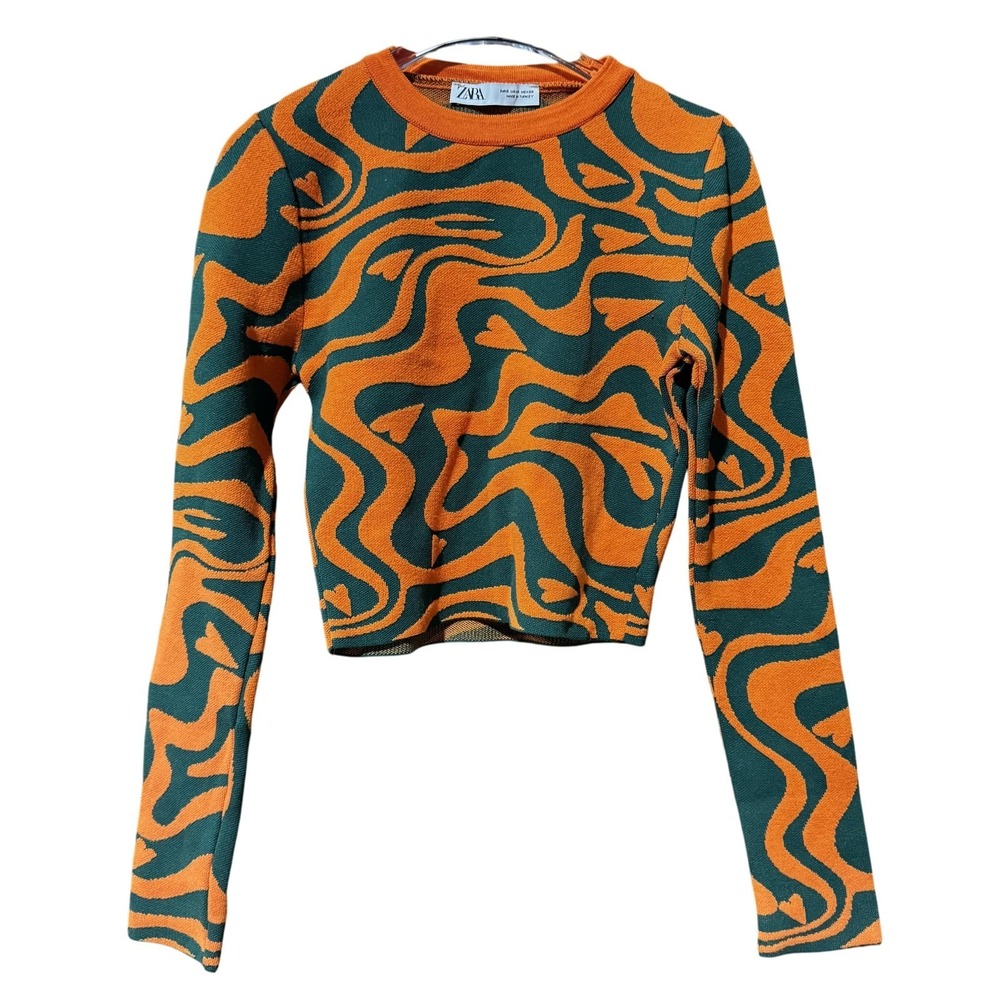 Zara Sweater Womens Small Orange Green Abstract Swirl Long Sleeve Pullover Knit
